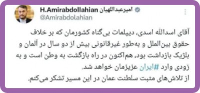 امیرعبداللهیان: اسدی در راه بازگشت به وطن است 