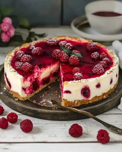 طرز تهیه کیک خامه‌ای تمشک با بیسکویت فندقی